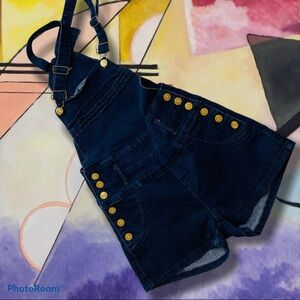 M Michel Girls Denim Metal Rhinestone Button Overalls Jumpsuit Shorts